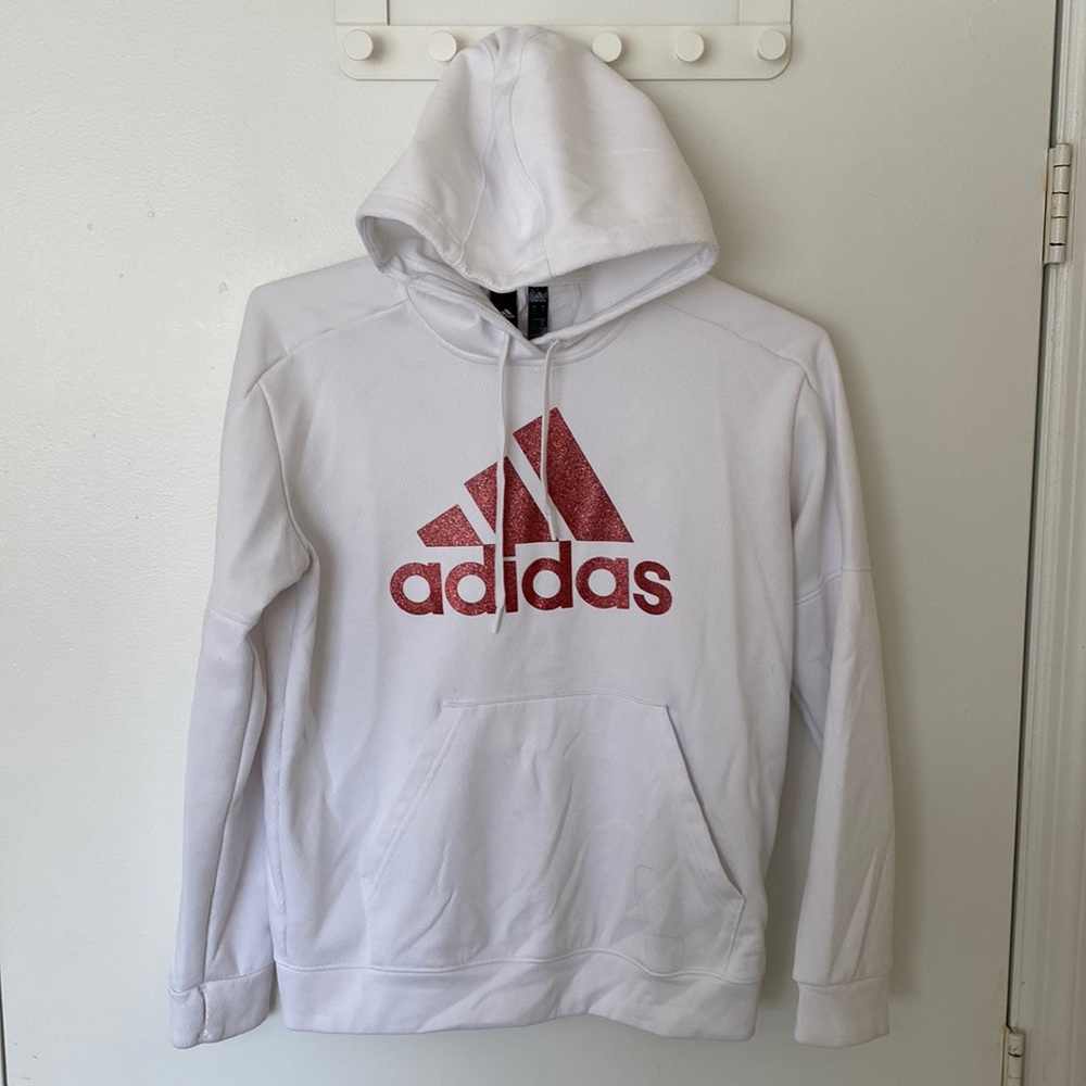 Women’s Adidas White Athletic Hoodie with Glitter Logo Accent Size Medium